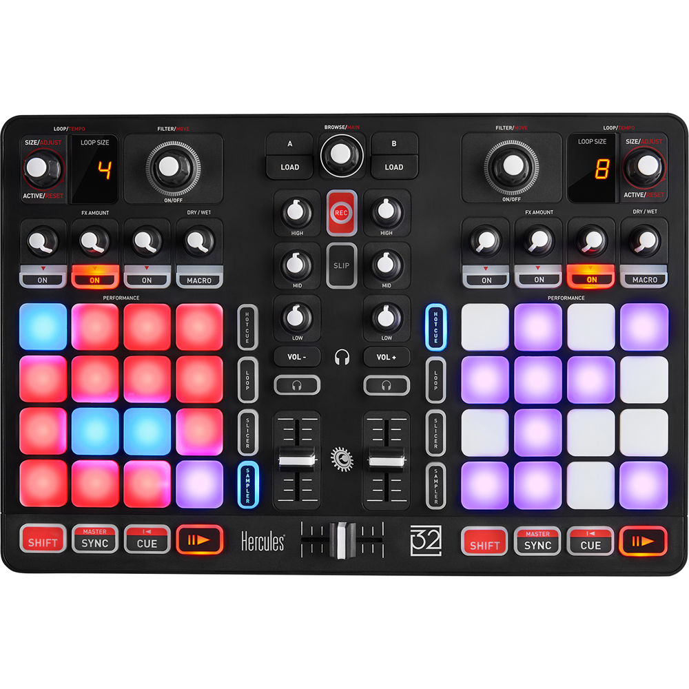 Hercules P32 DJ kontroler sa 32 RGB padova, ugrađenim audio interfejsom i DJuced softverom. Prodaja Artist d.o.o. Banja Luka, Sarajevo.