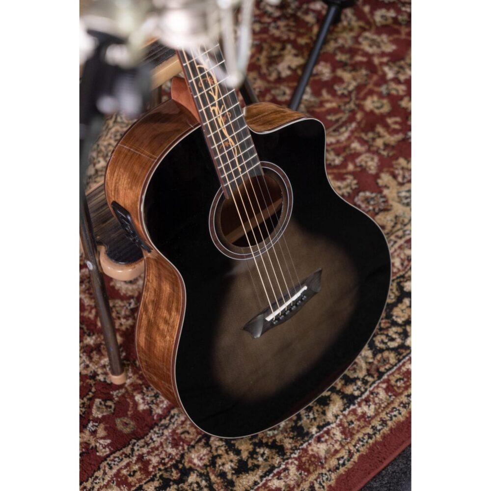 Washburn Bella Tono Vite S9V akustična gitara sa cutaway tijelom, profesionalnim Barcus Berry LX4 pickup i preamp sistemom, Ebony fingerboard sa vine inlaid detaljima i figuralnim Walnut back & sides, pruža luksuzni zvuk i udobnost za studio i nastupe uživo. Prodaja Artist d.o.o. Banja Luka, Sarajevo.