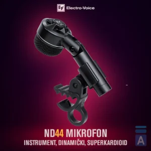 Electro-Voice ND44, mikrofon za bubnjeve, dinamički mikrofon, mikrofon za doboš, EV ND serija, instrumentalni mikrofon, superkardioidni mikrofon, studijska oprema. Prodaja u Artist d.o.o. prodavnicama Banja Luka, Sarajevo.