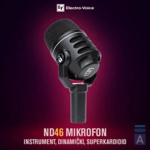Electro-Voice ND46, instrumentalni mikrofon, dinamički mikrofon, mikrofon za gitarska pojačala, superkardioidni mikrofon, EV ND serija, mikrofon za duvače, studijska oprema. Prodaja u Artist d.o.o. prodavnicama Banja Luka, Sarajevo.