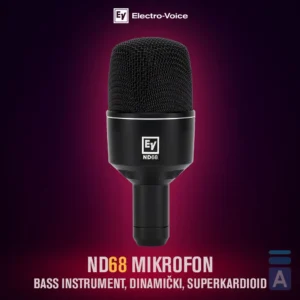 Electro-Voice ND68, mikrofon za bas bubanj, kick drum mikrofon, dinamički mikrofon, EV ND serija, mikrofon za niske frekvencije, superkardioidni mikrofon, studijska oprema. Prodaja u Artist d.o.o. prodavnicama Banja Luka, Sarajevo.