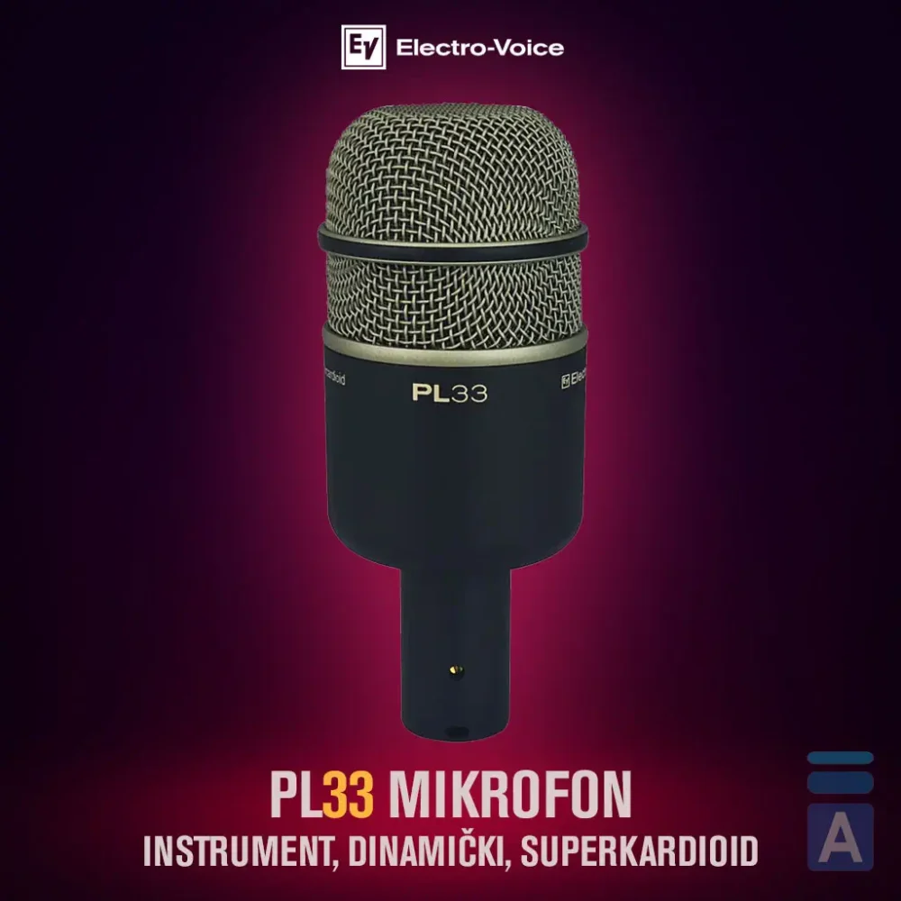 Electro-Voice PL33, mikrofon za bas bubanj, kick drum mikrofon, dinamički instrumentalni mikrofon, EV PL serija, superkardioidni mikrofon, ozvučenje bubnja. Prodaja u Artist d.o.o. prodavnicama Banja Luka, Sarajevo.
