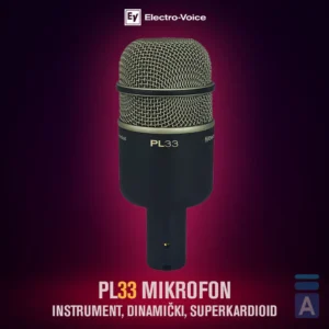 Electro-Voice PL33, mikrofon za bas bubanj, kick drum mikrofon, dinamički instrumentalni mikrofon, EV PL serija, superkardioidni mikrofon, ozvučenje bubnja. Prodaja u Artist d.o.o. prodavnicama Banja Luka, Sarajevo.