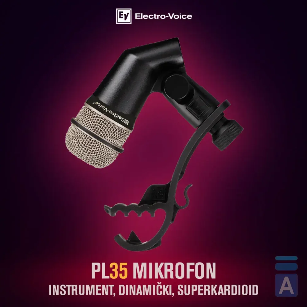 Electro-Voice PL35, mikrofon za doboš, mikrofon za tomove, dinamički mikrofon, EV PL serija, superkardioidni mikrofon, instrumentalni mikrofon, ozvučenje bubnja. Prodaja u Artist d.o.o. prodavnicama Banja Luka, Sarajevo.