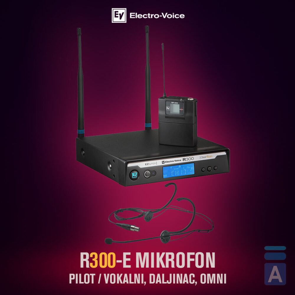 Electro-Voice R300-E, bežični naglavni mikrofon, bežični headset, EV R300, bežični mikrofon za prezentacije, UHF mikrofonski sistem, Electro-Voice Bosna, oprema za konferencije. Prodaja u Artist d.o.o. prodavnicama Banja Luka, Sarajevo.