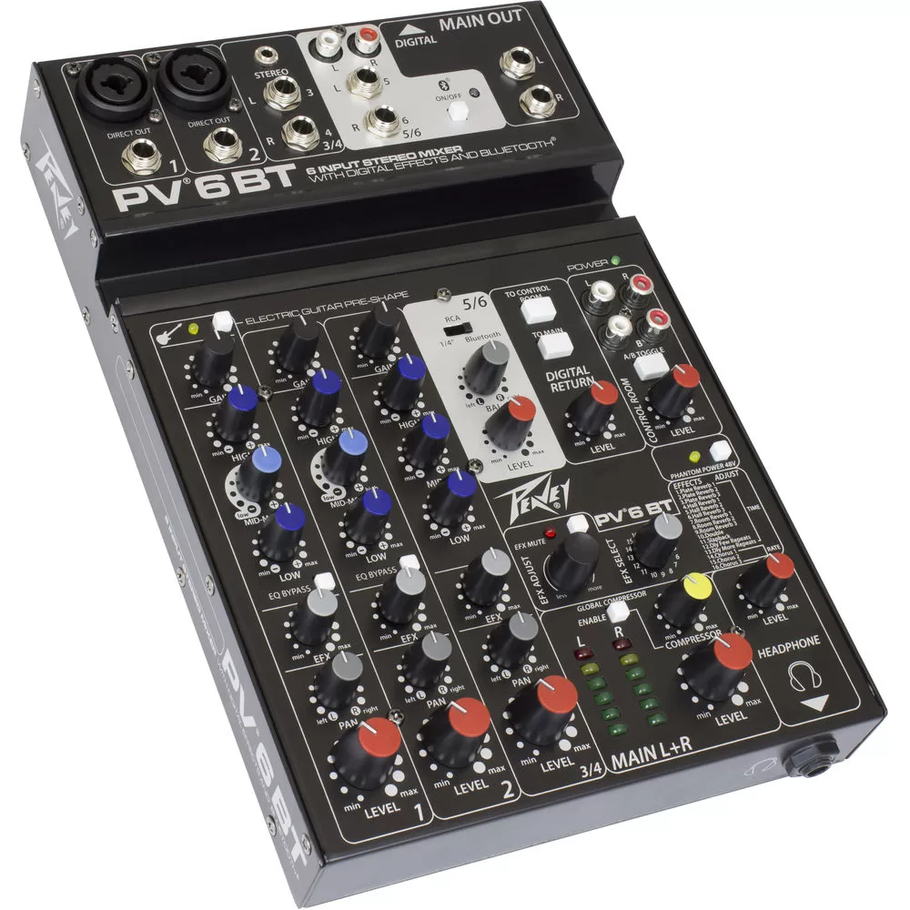 Peavey PV 6 BT mikseta sa Bluetooth povezivanjem, USB streaming funkcijom, XLR i stereo ulazima, idealna za studio i live upotrebu. Prodaja Artist d.o.o. Banja Luka, Sarajevo