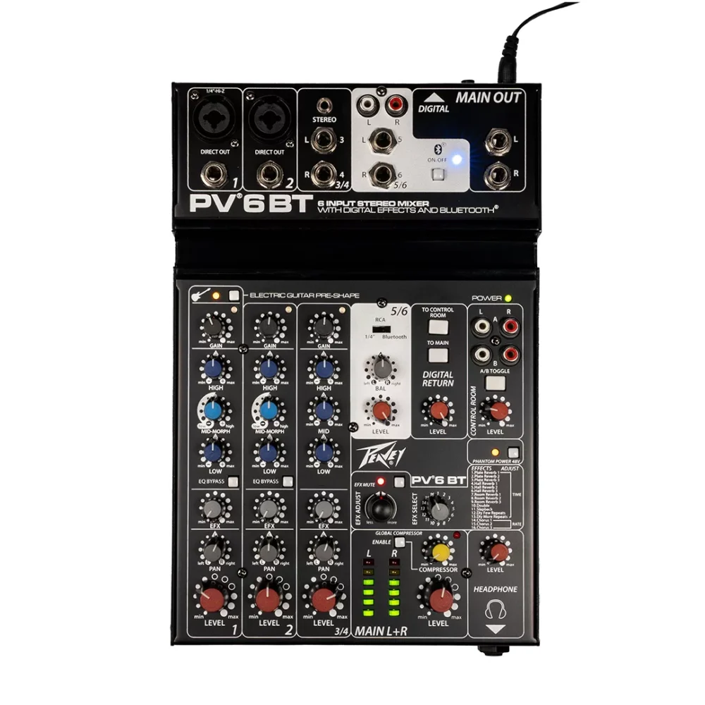 Peavey PV 6 BT mikseta sa Bluetooth povezivanjem, USB streaming funkcijom, XLR i stereo ulazima, idealna za studio i live upotrebu. Prodaja Artist d.o.o. Banja Luka, Sarajevo