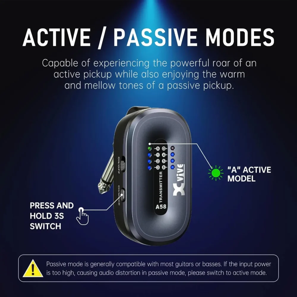 XVive AC58 Bundle bežični sistem, XVive 5.8 GHz bežični instrument, bežični predajnik/prijemnik za gitaru, AC58 punjač kutija 5000 mAh, XVive 110 dB dinamički opseg