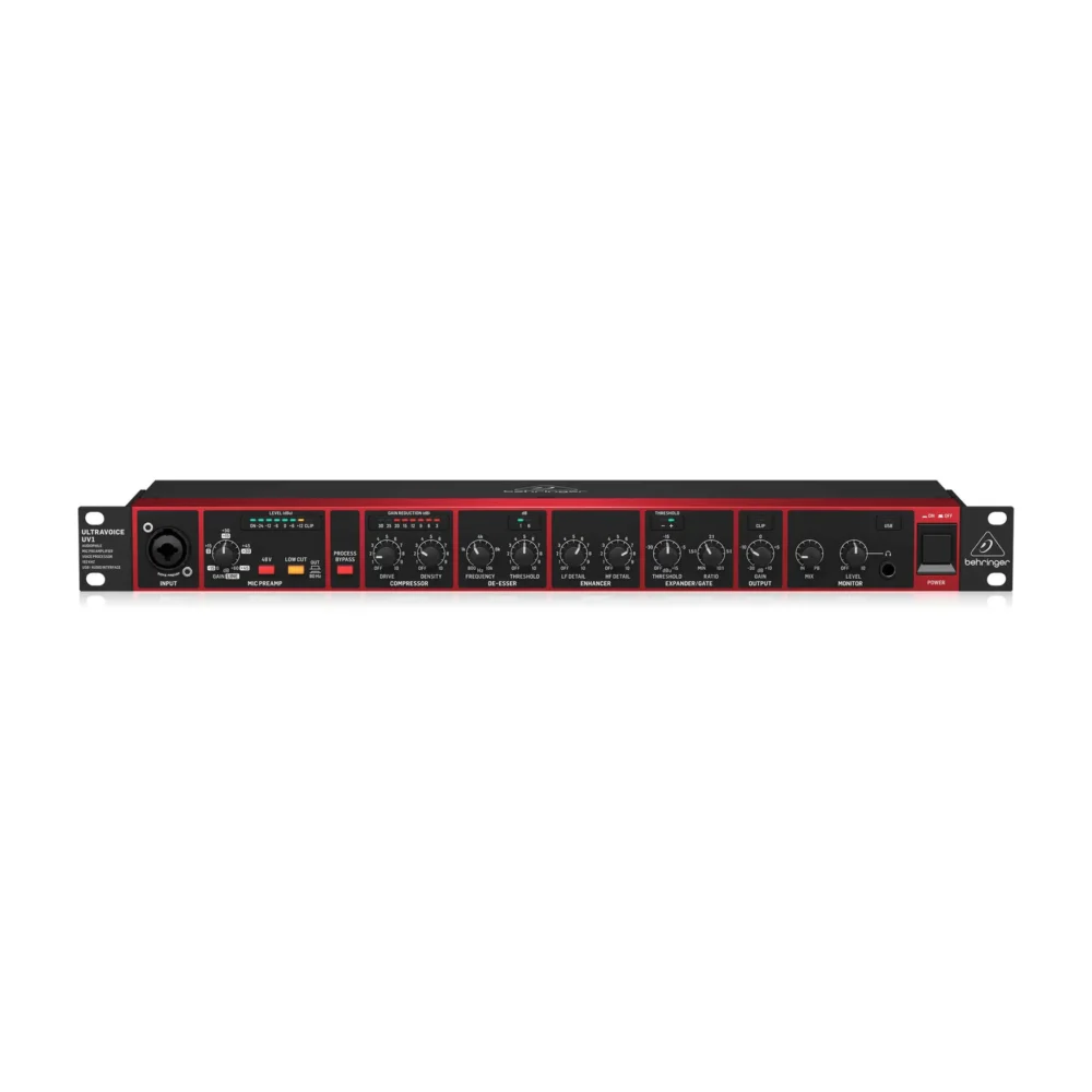 Behringer ULTRAVOICE UV1 kanalni strip sa mikrofonskim pretpojačalom i USB audio interfejsom, crno-crvena boja. Prodaja Artist d.o.o. Banja Luka, Sarajevo