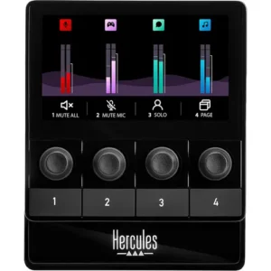 Hercules Stream 100 Audio Controller – streaming kontroler sa 4 enkodera i LCD ekranom, crni dizajn. Prodaja Artist d.o.o. Banja Luka, Sarajevo.