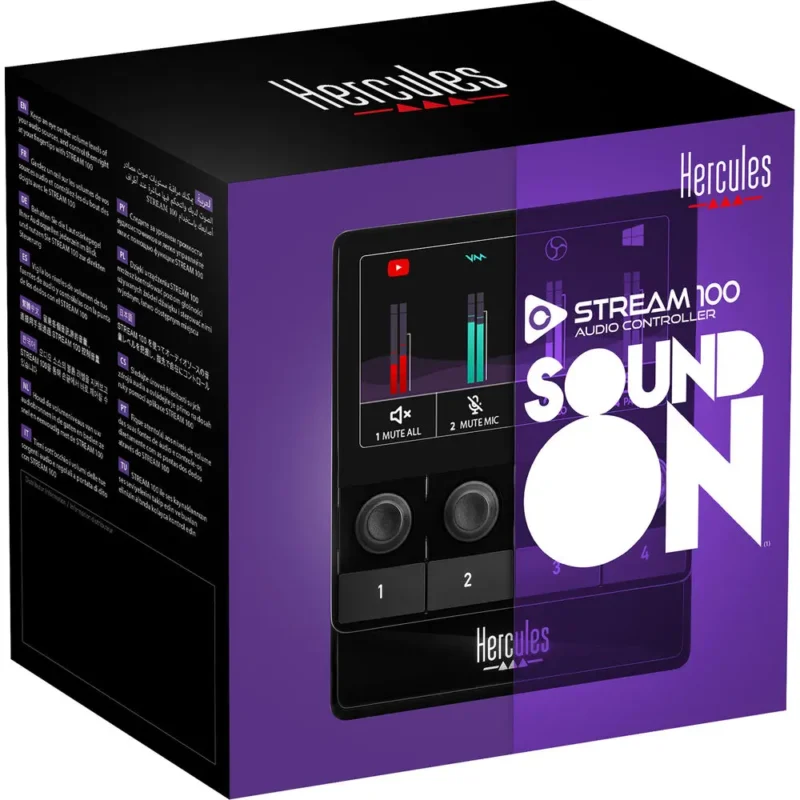 Hercules Stream 100 Audio Controller – streaming kontroler sa 4 enkodera i LCD ekranom, crni dizajn. Prodaja Artist d.o.o. Banja Luka, Sarajevo.