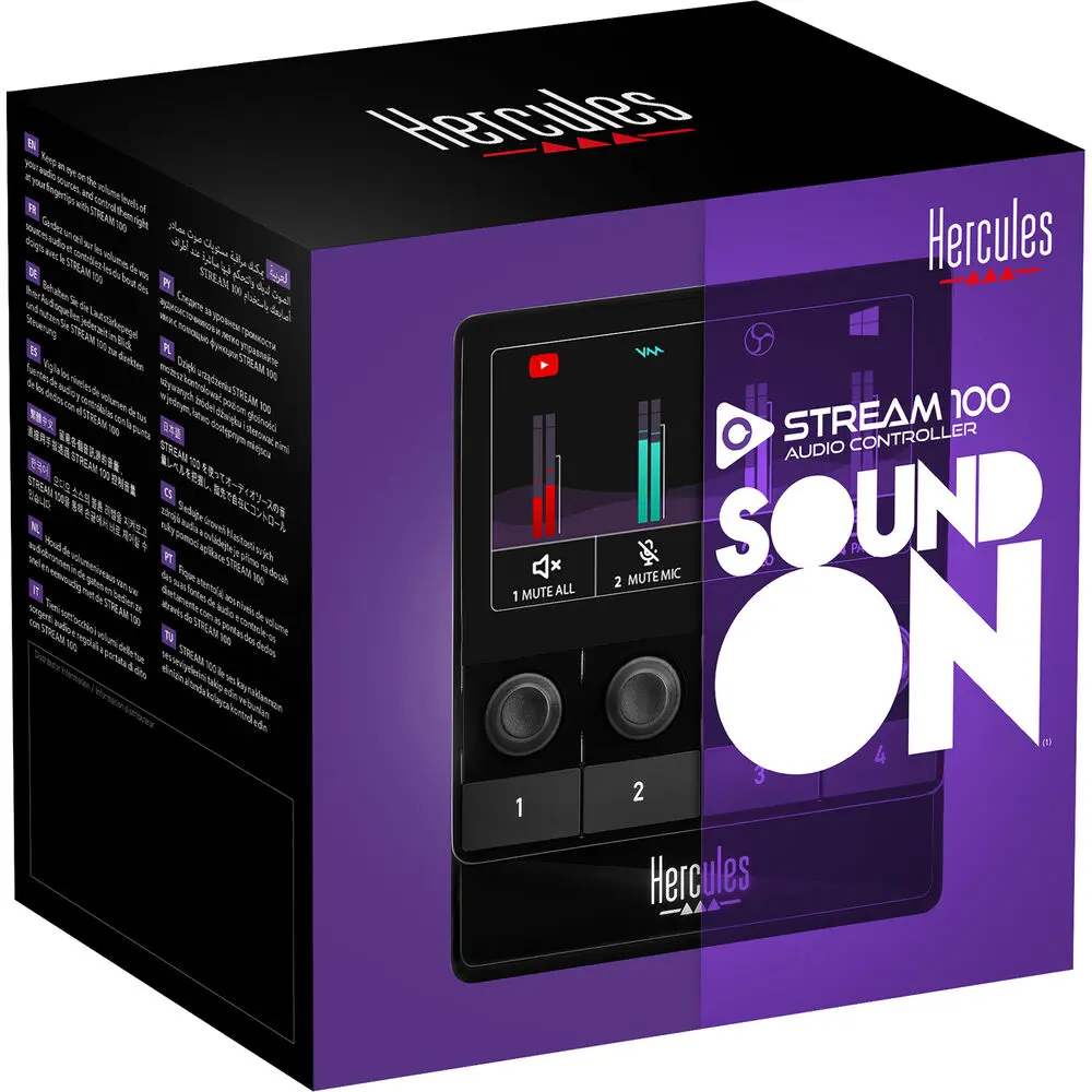 Hercules Stream 100 Audio Controller – streaming kontroler sa 4 enkodera i LCD ekranom, crni dizajn. Prodaja Artist d.o.o. Banja Luka, Sarajevo.