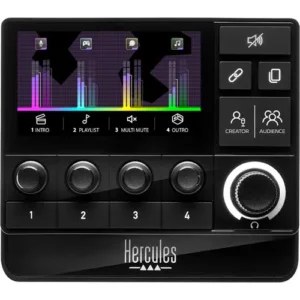 Hercules Stream 200 XLR Audio Controller – napredni streaming kontroler sa XLR ulazom, VU metrima i programabilnim tasterima. Prodaja Artist d.o.o. Banja Luka, Sarajevo.