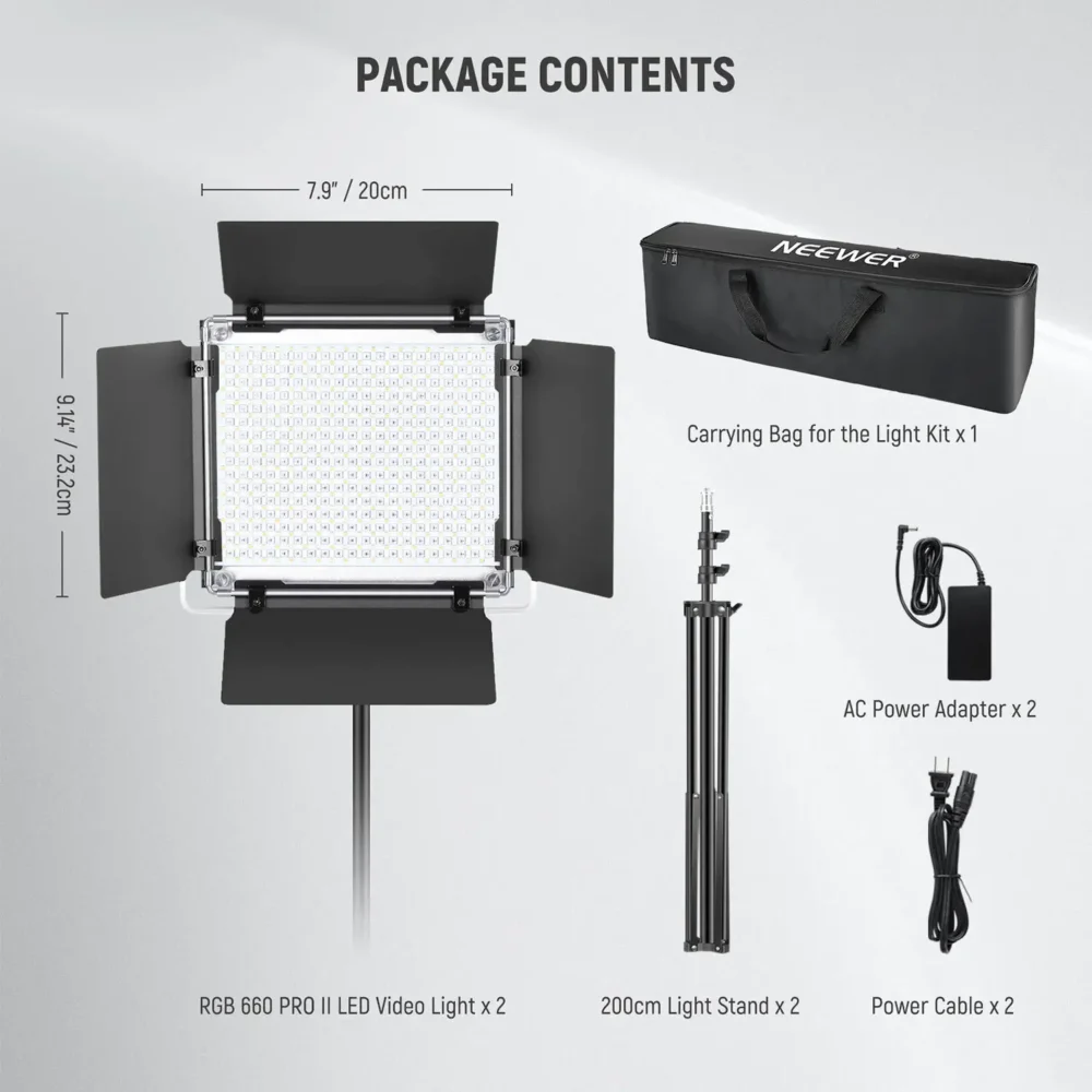 Neewer 660 PRO II RGB LED Panel 2-Light Kit sa stalkovima, difuzorima i torbom za nošenje, idealan za video produkciju i streaming. Prodaja Artist d.o.o. Banja Luka, Sarajevo.