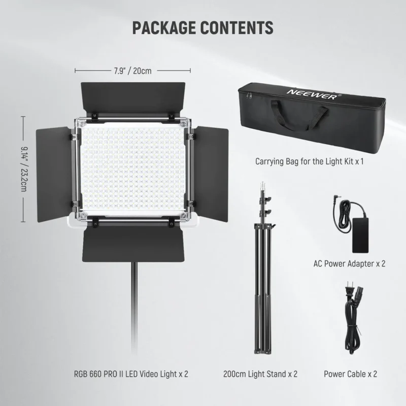Neewer 660 PRO II RGB LED Panel 2-Light Kit sa stalkovima, difuzorima i torbom za nošenje, idealan za video produkciju i streaming. Prodaja Artist d.o.o. Banja Luka, Sarajevo.