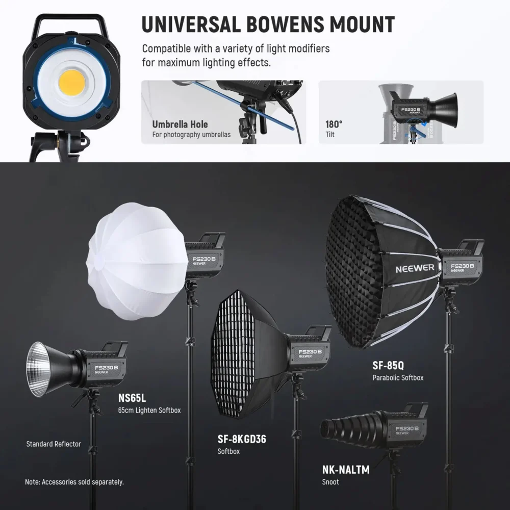 Neewer FS230B 230W Bi-Color LED Monolight sa bežičnom Bluetooth kontrolom, Bowens S mount i 12 scena efekata za profesionalno video i fotografsko osvjetljenje. Prodaja Artist d.o.o. Banja Luka, Sarajevo.