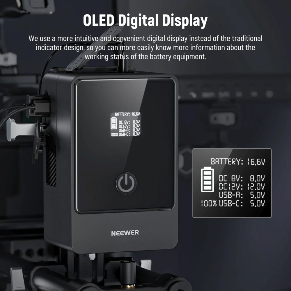 Neewer PS099E V-Mount baterija 6800mAh 99Wh s više izlaza i OLED ekranom za profesionalno napajanje kamera i dodatne opreme. Prodaja Artist d.o.o. Banja Luka, Sarajevo.