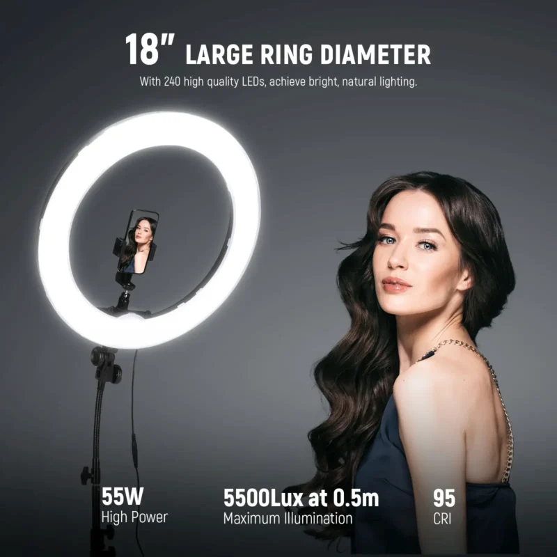 Neewer RL-18 18-inčni LED ring light kit sa Bluetooth kontrolom, fleksibilnim stalkom i filterima, profesionalno osvjetljenje za video i fotografiju. Prodaja Artist d.o.o. Banja Luka, Sarajevo.