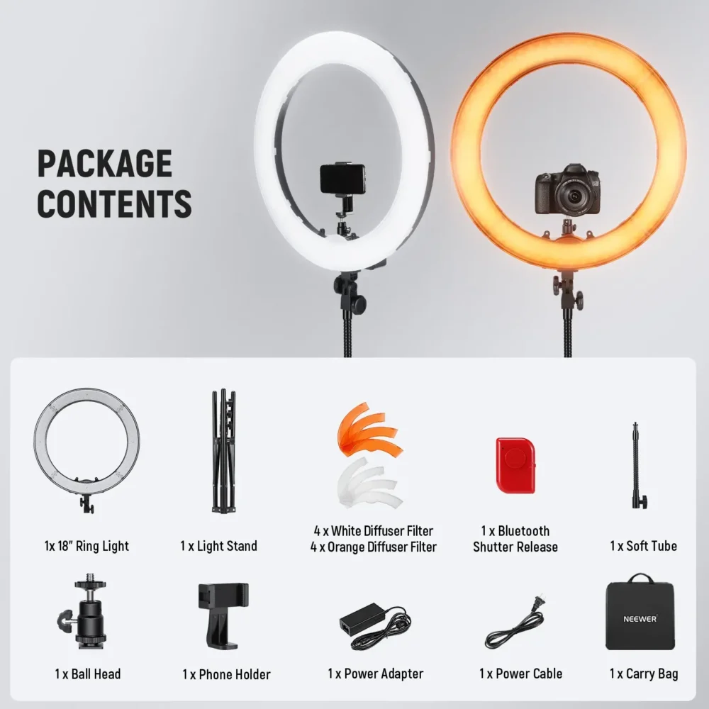 Neewer RL-18 18-inčni LED ring light kit sa Bluetooth kontrolom, fleksibilnim stalkom i filterima, profesionalno osvjetljenje za video i fotografiju. Prodaja Artist d.o.o. Banja Luka, Sarajevo.
