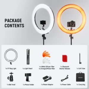 Neewer RL-18 18-inčni LED ring light kit sa Bluetooth kontrolom, fleksibilnim stalkom i filterima, profesionalno osvjetljenje za video i fotografiju. Prodaja Artist d.o.o. Banja Luka, Sarajevo.