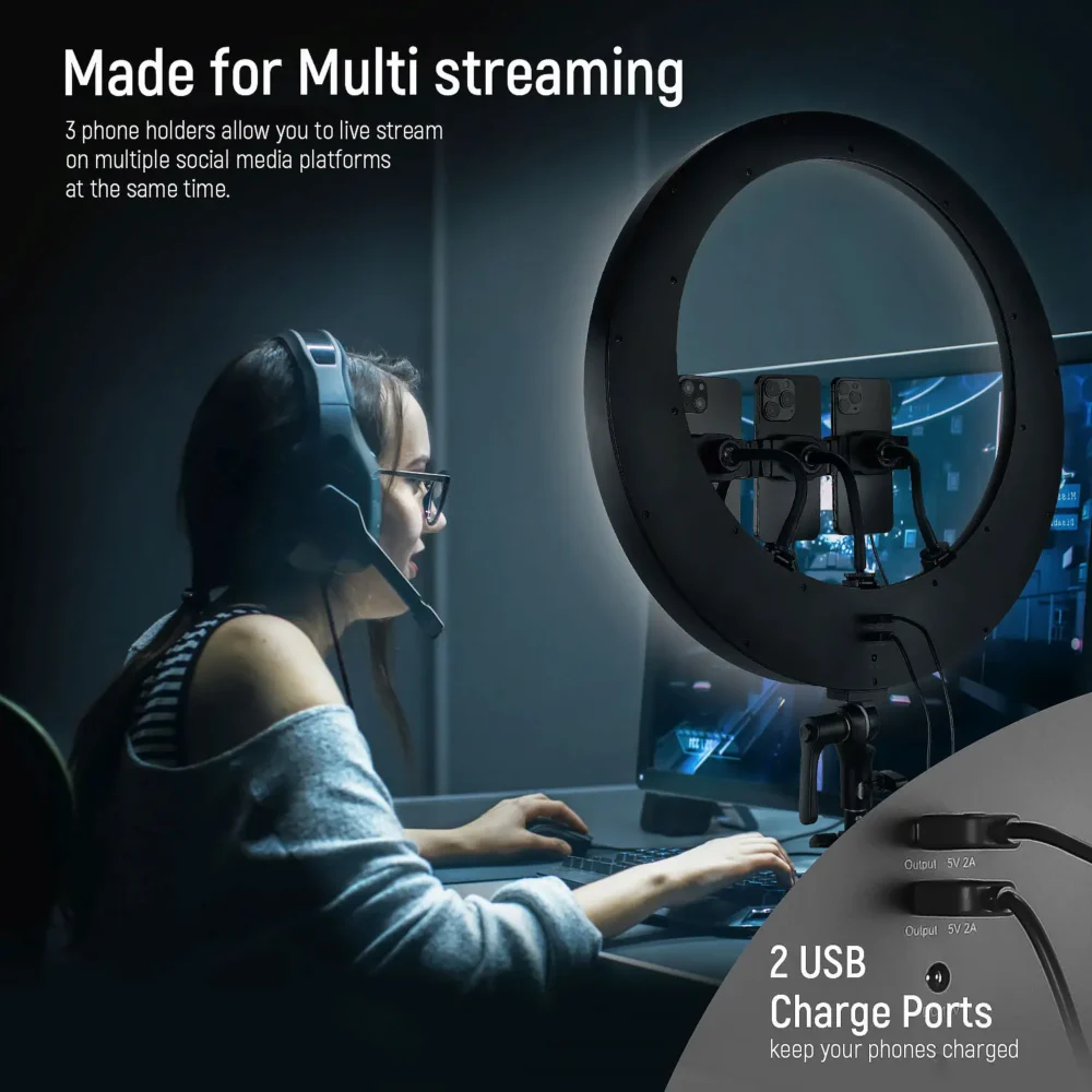 Neewer RP19H 19" LED Ring Light Kit sa stalkom, 3 držača za telefon, Bluetooth i USB upravljanjem – idealan za vlogovanje i livestream. Prodaja Artist d.o.o. Banja Luka, Sarajevo.