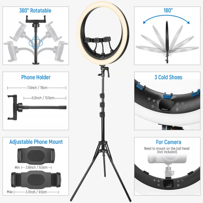 Neewer RP19H 19" LED Ring Light Kit sa stalkom, 3 držača za telefon, Bluetooth i USB upravljanjem – idealan za vlogovanje i livestream. Prodaja Artist d.o.o. Banja Luka, Sarajevo.