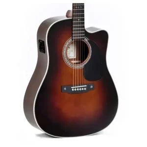 Prednja i bočna strana Sigma DTC-1E-SB elektro-akustične gitare sa sunburst završnom obradom, tilia tijelom i Fishman elektronikom. Prodaja Artist d.o.o. Banja Luka, Sarajevo, Doboj