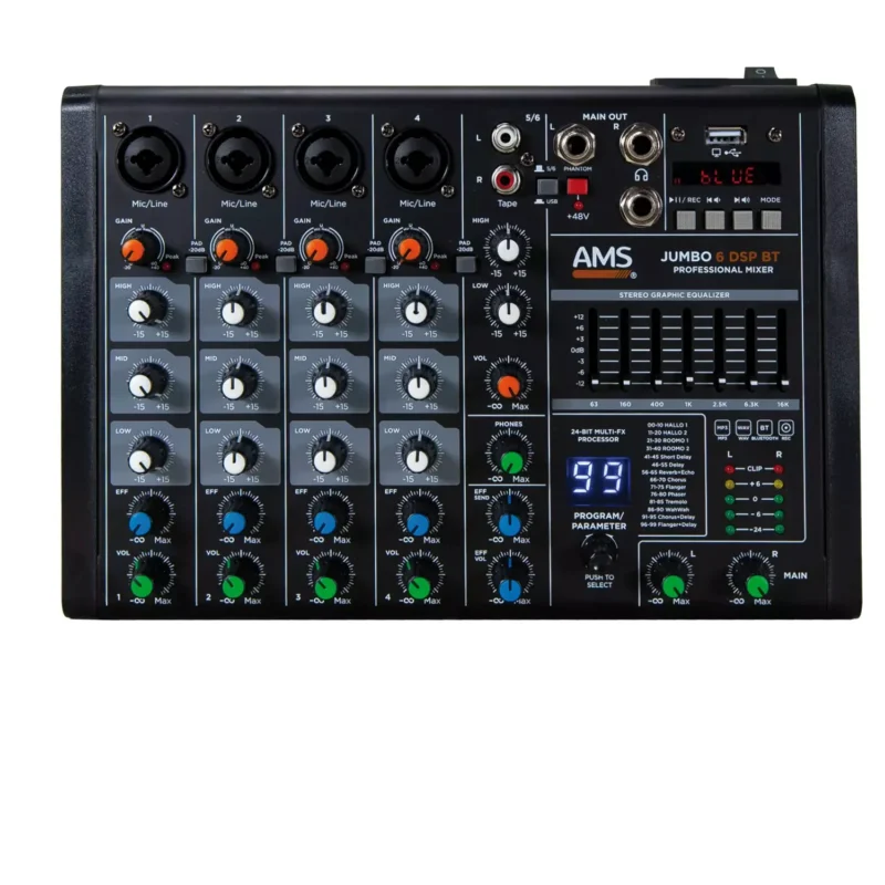 AMS JUMBO 6 DSP BT kompaktni audio mikser sa USB, Bluetooth, DSP efektima i USB zvučnom karticom. Prodaja Artist d.o.o. Banja Luka, Sarajevo