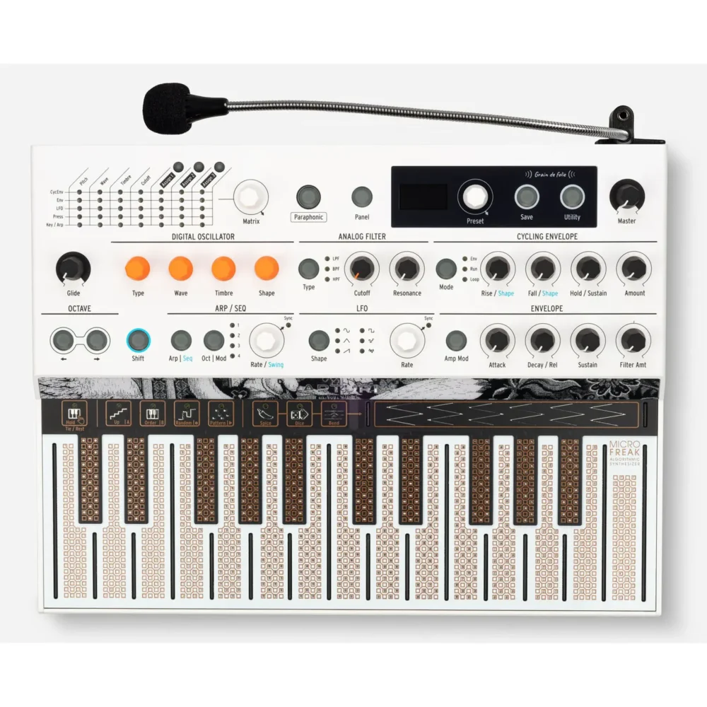 Arturia MicroFreak Vocoder hibridni sintetizator sa 16-band vokoderom i gooseneck mikrofonom, bijele boje. Prodaja Artist d.o.o. Banja Luka, Sarajevo.