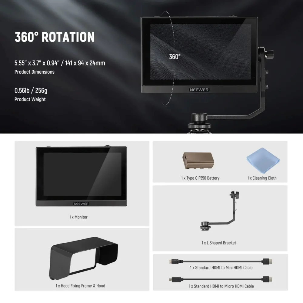 NEEWER F500 5.5" Full HD monitor sa sunshade, HDMI kablovima i baterijom, prenosni ekran za kamere - Prodaja Artist d.o.o. Banja Luka, Sarajevo