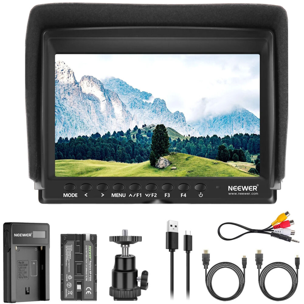 Neewer F100 7-inčni HD monitor za kameru sa NP-F550 baterijom, USB punjačem, sunčanim vizorom i kablovima, idealan za profesionalno video snimanje. Prodaja Artist d.o.o. Banja Luka, Sarajevo