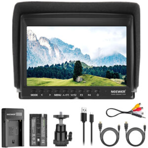 Neewer F100 7-inčni HD monitor za kameru sa NP-F550 baterijom, USB punjačem, sunčanim vizorom i kablovima, idealan za profesionalno video snimanje. Prodaja Artist d.o.o. Banja Luka, Sarajevo
