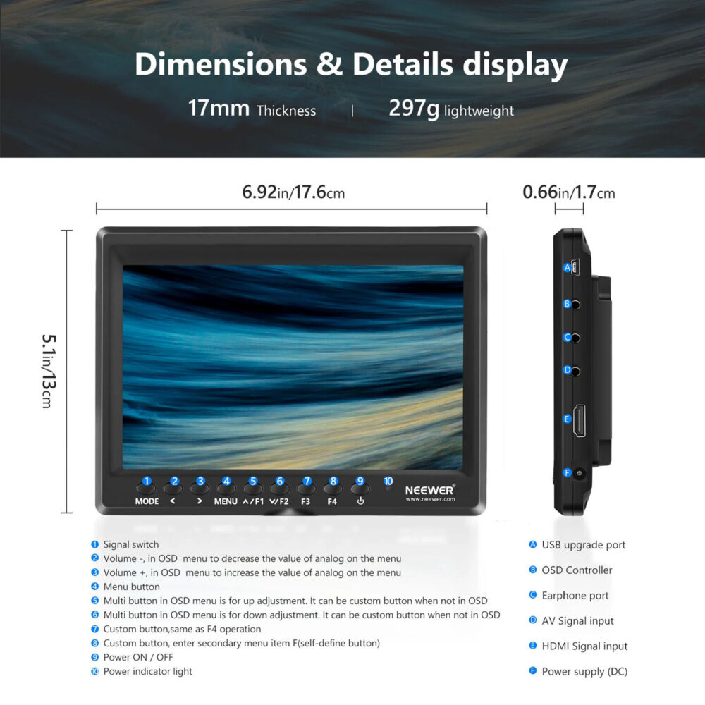 Neewer F100 7-inčni HD monitor za kameru sa NP-F550 baterijom, USB punjačem, sunčanim vizorom i kablovima, idealan za profesionalno video snimanje. Prodaja Artist d.o.o. Banja Luka, Sarajevo