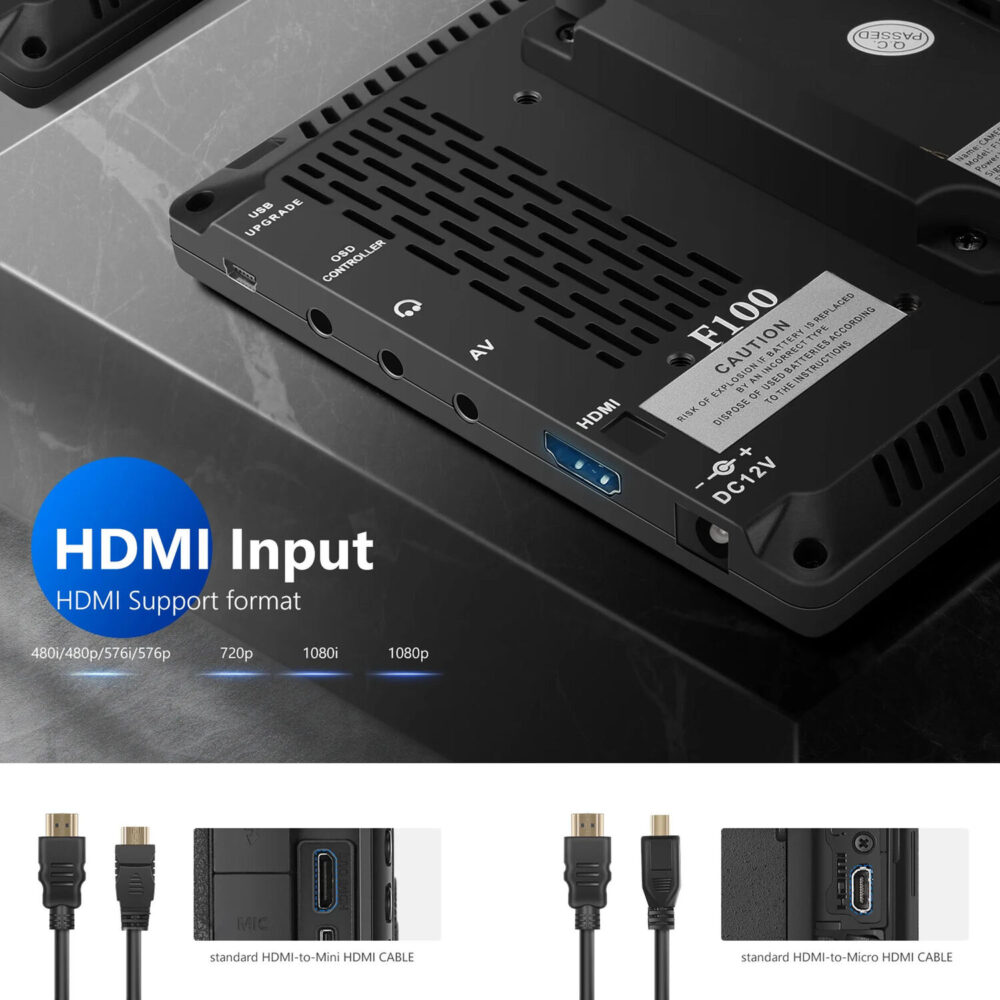 Neewer F100 7-inčni HD monitor za kameru sa NP-F550 baterijom, USB punjačem, sunčanim vizorom i kablovima, idealan za profesionalno video snimanje. Prodaja Artist d.o.o. Banja Luka, Sarajevo