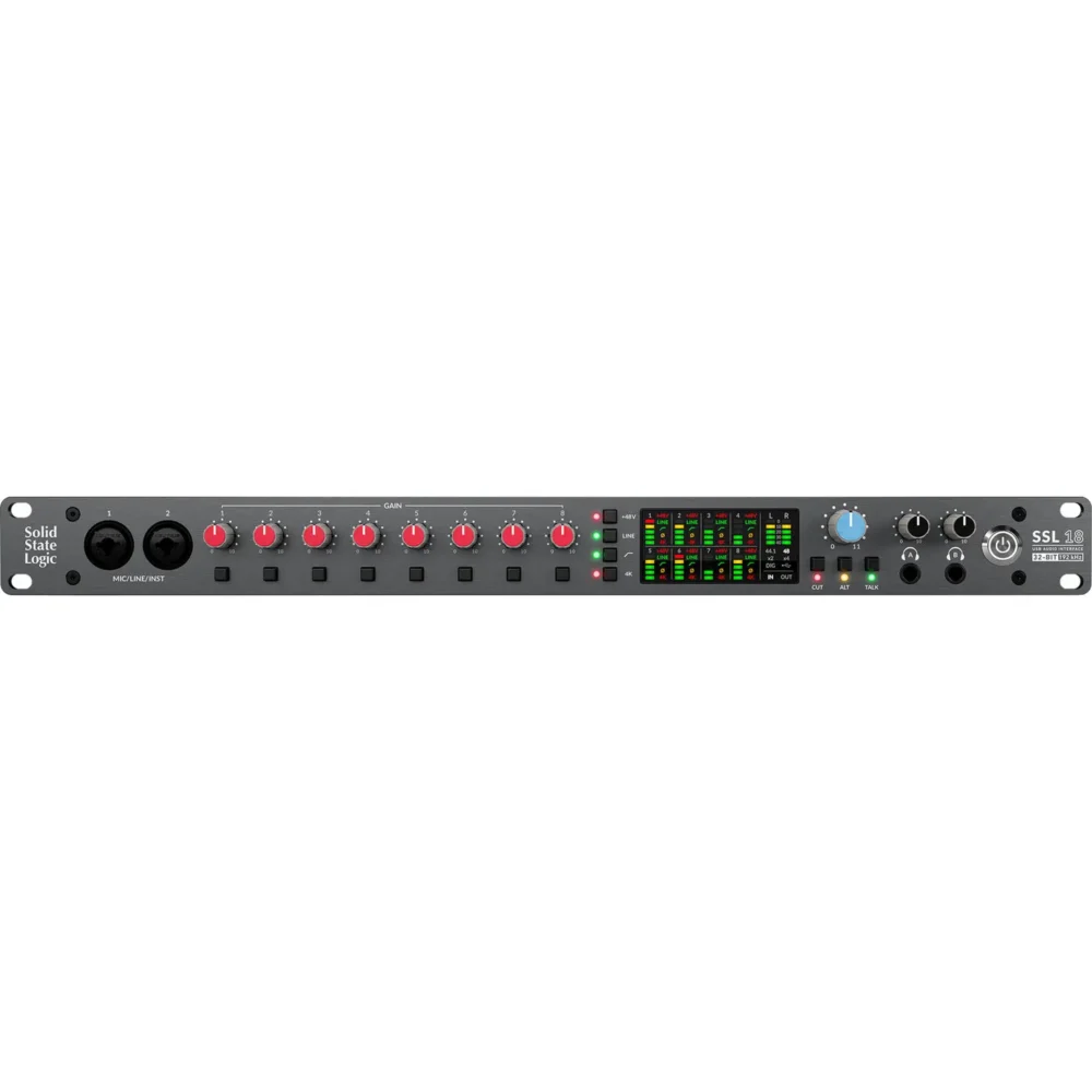 SSL 18 USB audio interfejs sa 26 ulaza i 28 izlaza, prikaz prednje i zadnje strane uređaja, visoko kvalitetna rack jedinica za profesionalnu studijsku upotrebu. Prodaja Artist d.o.o. Banja Luka, Sarajevo.