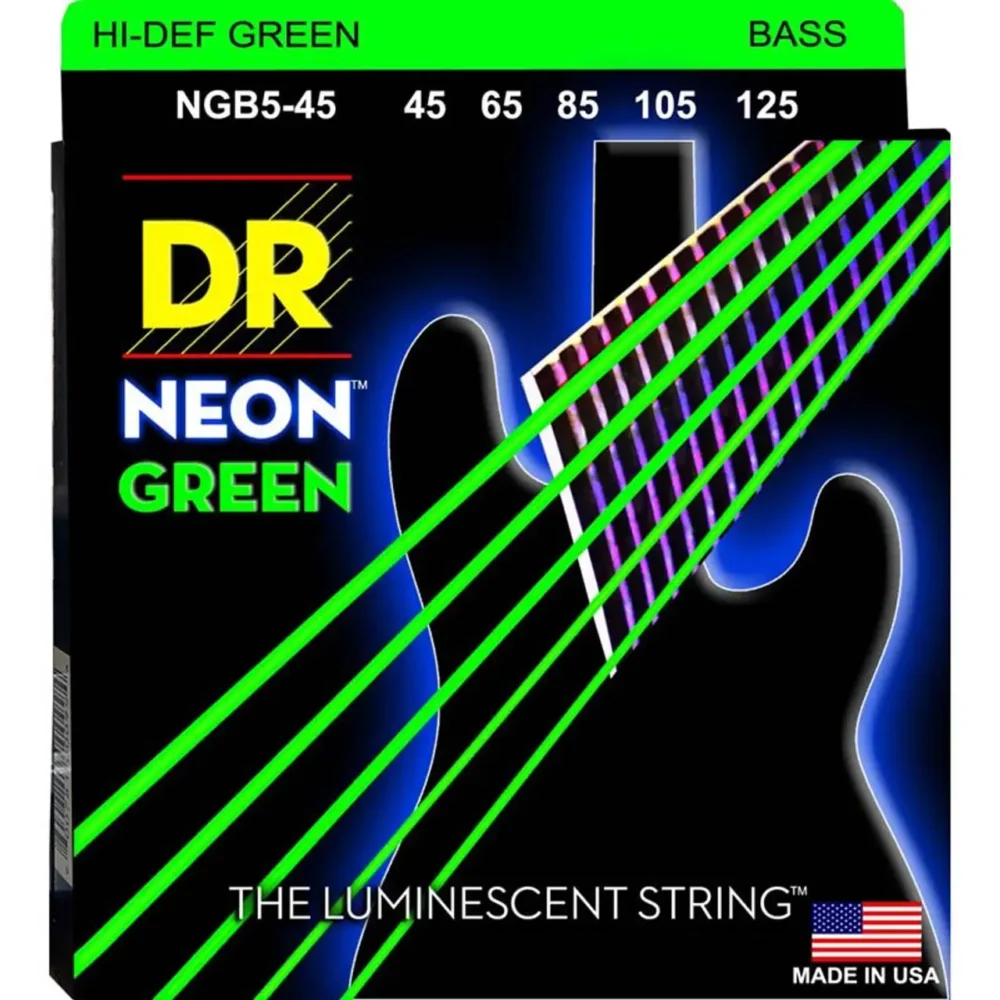 DR Hi-Def Neon GREEN K3 bas žice za električne bas gitare, set od pet žica, produžena dugotrajnost i neon UV efekat pomoću premaza. Prodaja Artist d.o.o. Banja Luka, Sarajevo