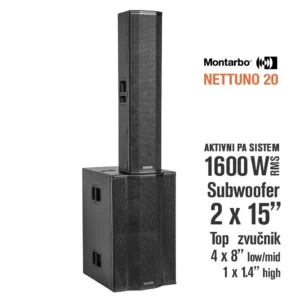 Montarbo NETTUNO 20 PA sistem sa aktivnim subwooferom i pasivnim top zvučnikom, 1600 W RMS, 2x15” LF subwoofer, 4x8” LF top, 1.4” HF driver, DSP, RDNet, plywood kabineta sa crnim premazom. Prodaja Artist d.o.o. Banja Luka, Sarajevo