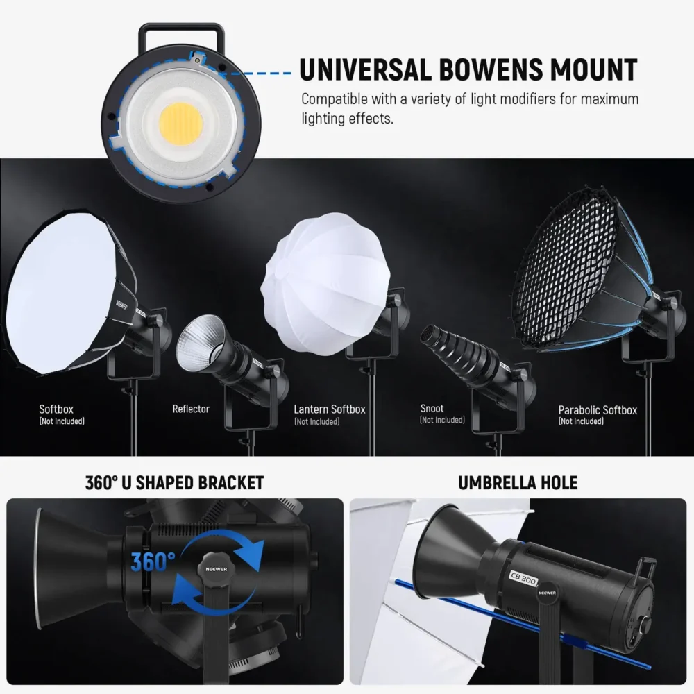 Neewer CB300B Bi-Color LED Monolight sa Bowens S mountom, 2700-6500K, 150,000 lux, 12 efekata, AC napajanje, aplikacija za daljinsku kontrolu, ventilator niske buke. Prodaja Artist d.o.o. Banja Luka, Sarajevo.