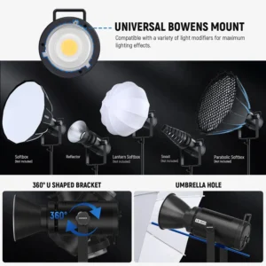Neewer CB300B Bi-Color LED Monolight sa Bowens S mountom, 2700-6500K, 150,000 lux, 12 efekata, AC napajanje, aplikacija za daljinsku kontrolu, ventilator niske buke. Prodaja Artist d.o.o. Banja Luka, Sarajevo.