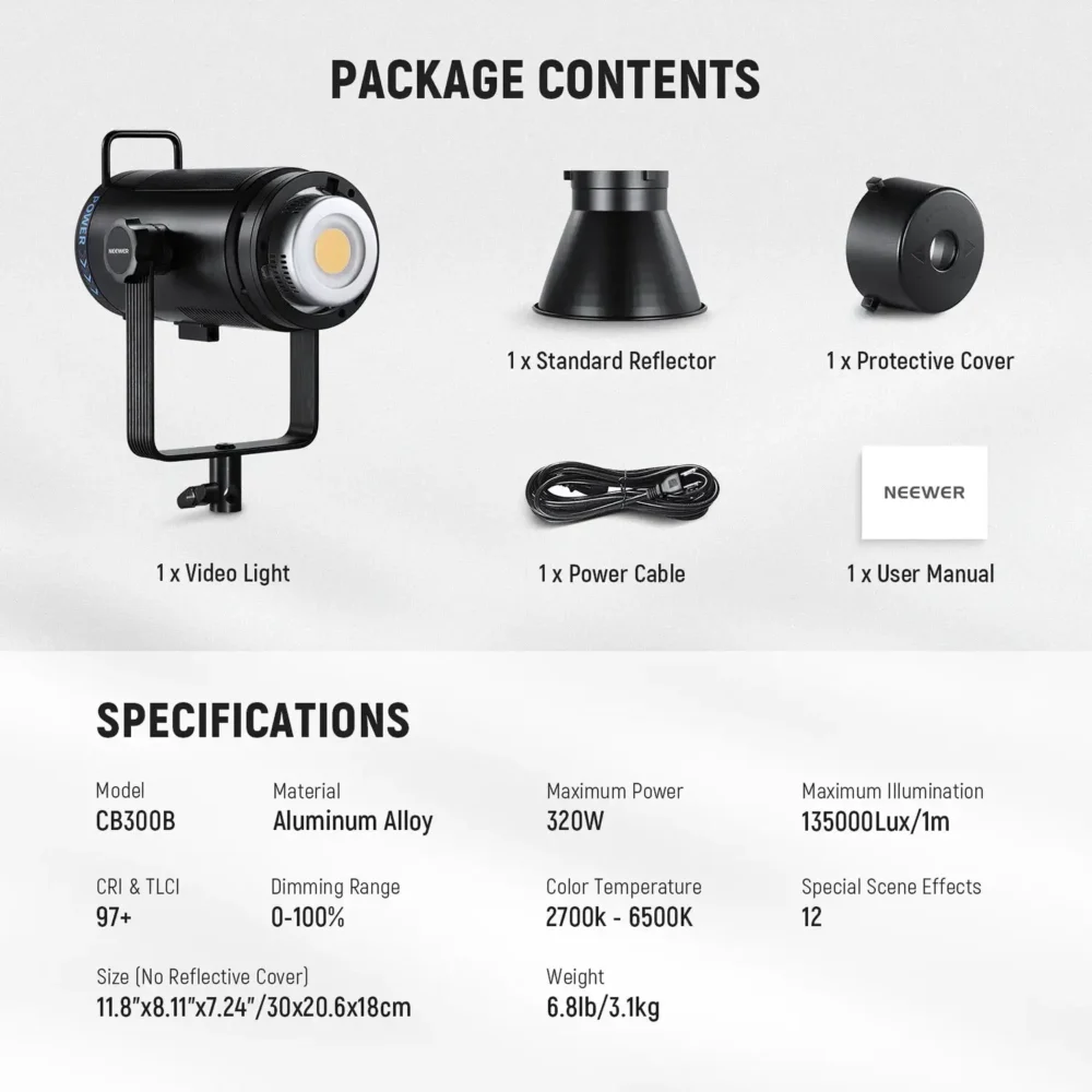Neewer CB300B Bi-Color LED Monolight sa Bowens S mountom, 2700-6500K, 150,000 lux, 12 efekata, AC napajanje, aplikacija za daljinsku kontrolu, ventilator niske buke. Prodaja Artist d.o.o. Banja Luka, Sarajevo.