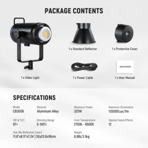 Neewer CB300B Bi-Color LED Monolight sa Bowens S mountom, 2700-6500K, 150,000 lux, 12 efekata, AC napajanje, aplikacija za daljinsku kontrolu, ventilator niske buke. Prodaja Artist d.o.o. Banja Luka, Sarajevo.