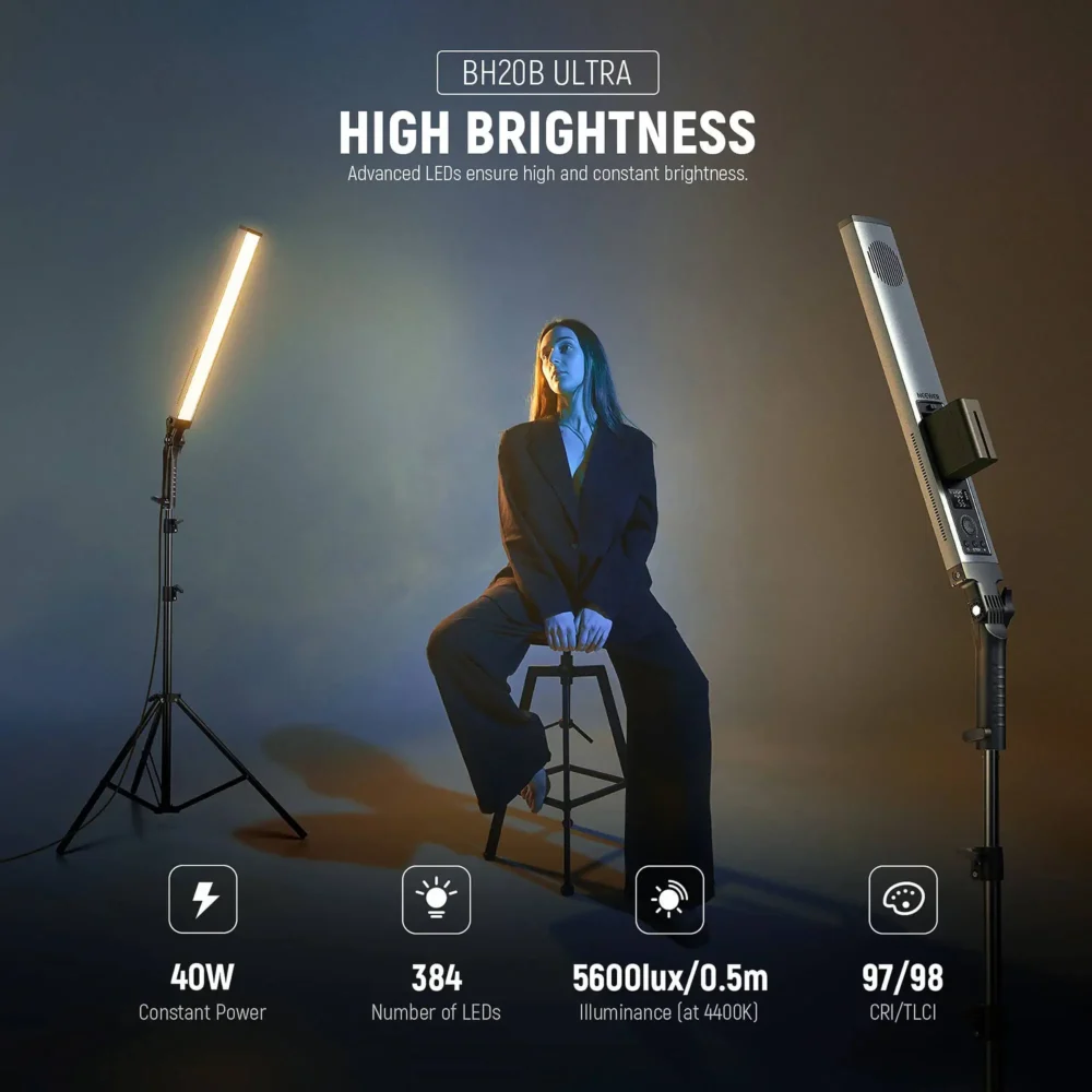 Neewer BH20B Bi-Color LED Light Tube 2-Light Kit, profesionalno LED osvjetljenje za vlog i studio, 40W, CRI 97, komplet sa filterima i stalkom. Prodaja Artist d.o.o. Banja Luka, Sarajevo.