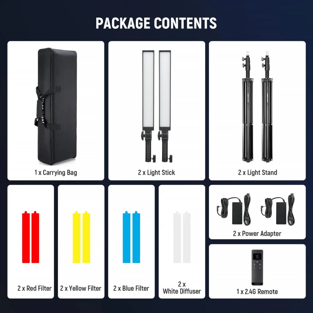 Neewer BH20B Bi-Color LED Light Tube 2-Light Kit, profesionalno LED osvjetljenje za vlog i studio, 40W, CRI 97, komplet sa filterima i stalkom. Prodaja Artist d.o.o. Banja Luka, Sarajevo.