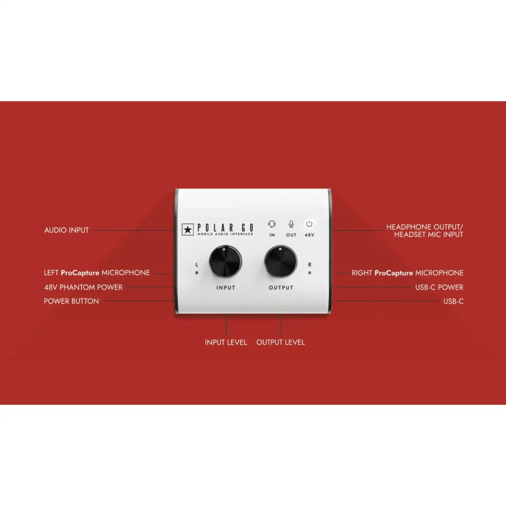 Blackstar Polar Go USB-C audio interfejs, prenosni interfejs sa mikrofonom, Polar Go ProCapture stereo mikrofon, XLR ulaz za mobilno snimanje, Blackstar audio interfejs baterija