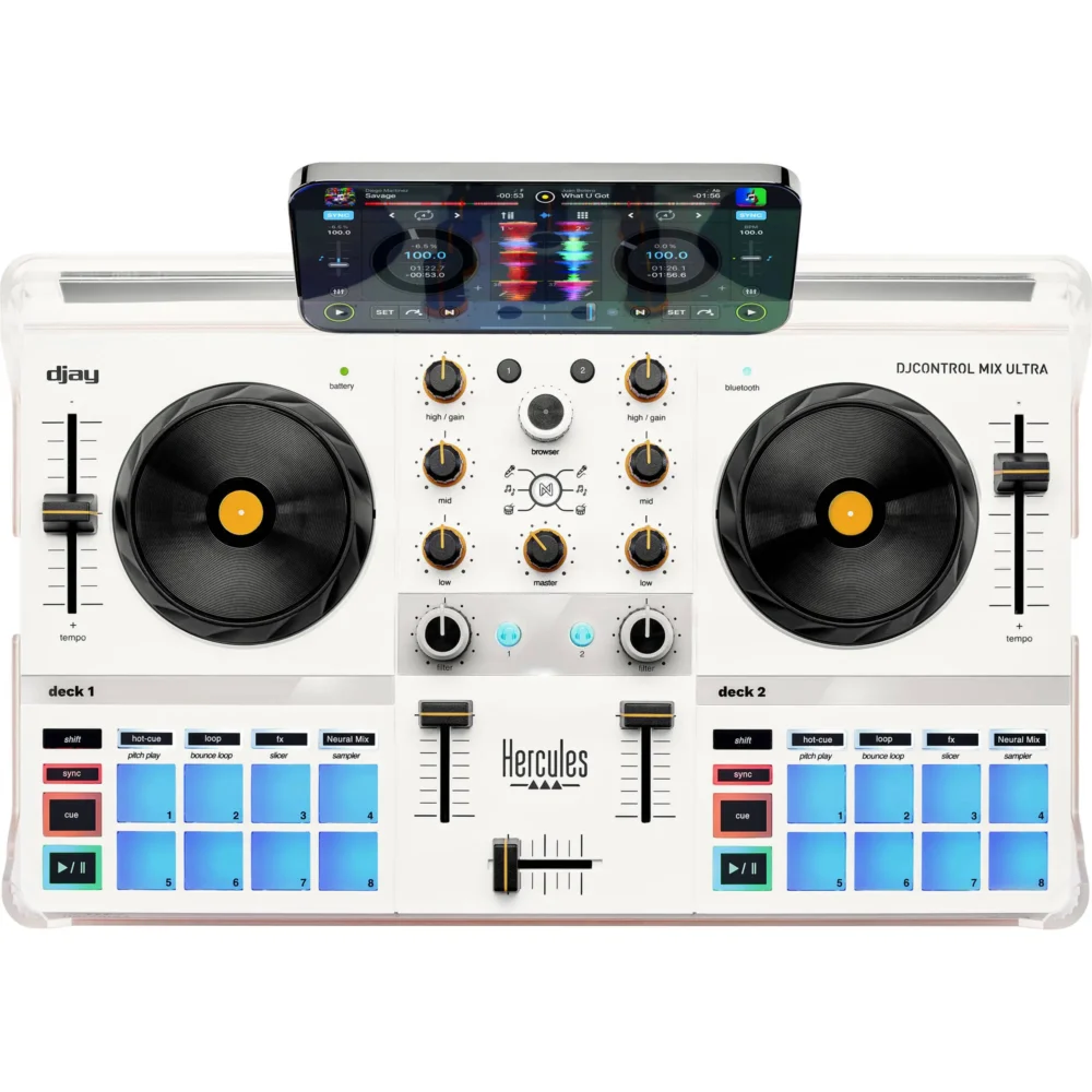 Hercules DJControl Mix Ultra, mobilni DJ kontroler, Bluetooth DJ, Neural Mix, djay, prijenosni mikser, 3-band EQ. Prodaja u Artist d.o.o. prodavnicama Banja Luka, Sarajevo.