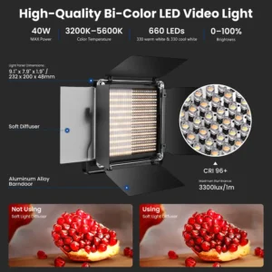 Neewer NL660, LED video svjetlo, studijska rasvjeta, komplet rasvjete, bi-color LED, rasvjeta za fotografiju, metalni LED panel, rasvjeta sa stalcima. Prodaja u Artist d.o.o. prodavnicama Banja Luka, Sarajevo