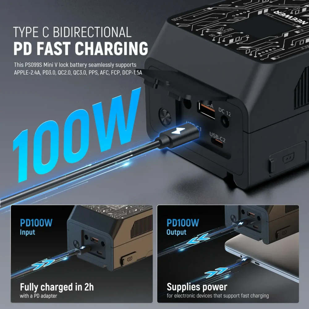 NEEWER PS099S, V-Mount baterija, 99Wh baterija, PD 100W punjenje, napajanje za kameru, cinema kamera baterija, D-Tap baterija, eksterni izvor napajanja. Prodaja u Artist d.o.o. prodavnicama Banja Luka, Sarajevo.