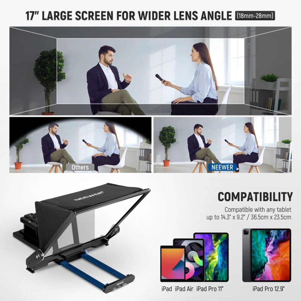 Neewer X17 II, teleprompter, prompter za kameru, oprema za snimanje, video produkcija, YouTube oprema, HD teleprompter, teleprompter za tablet. Prodaja u Artist d.o.o. prodavnicama Banja Luka, Sarajevo.