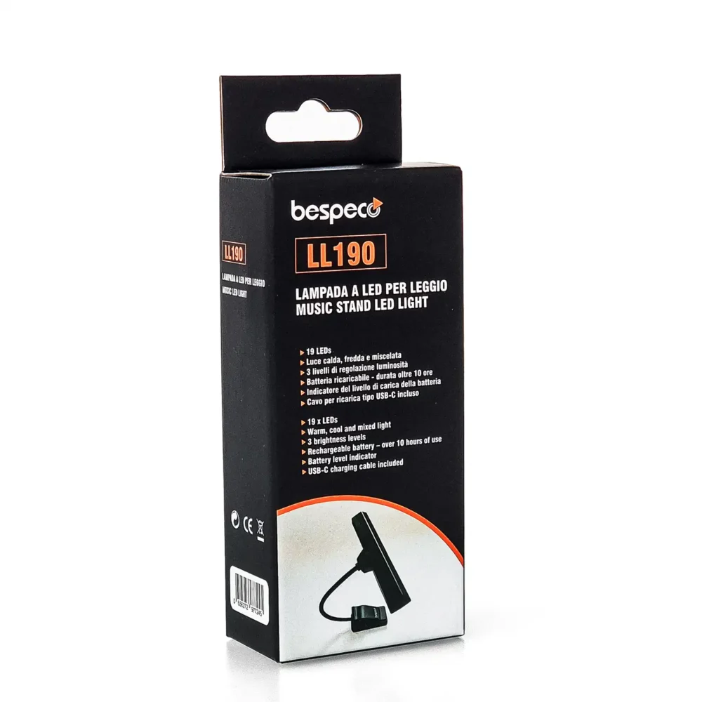 Bespeco LL190, LED lampa za note, punjiva lampa za stalak, profesionalno osvjetljenje za muzičare, USB-C lampa, Artist d.o.o. Prodaja u Artist d.o.o. prodavnicama Banja Luka, Sarajevo.