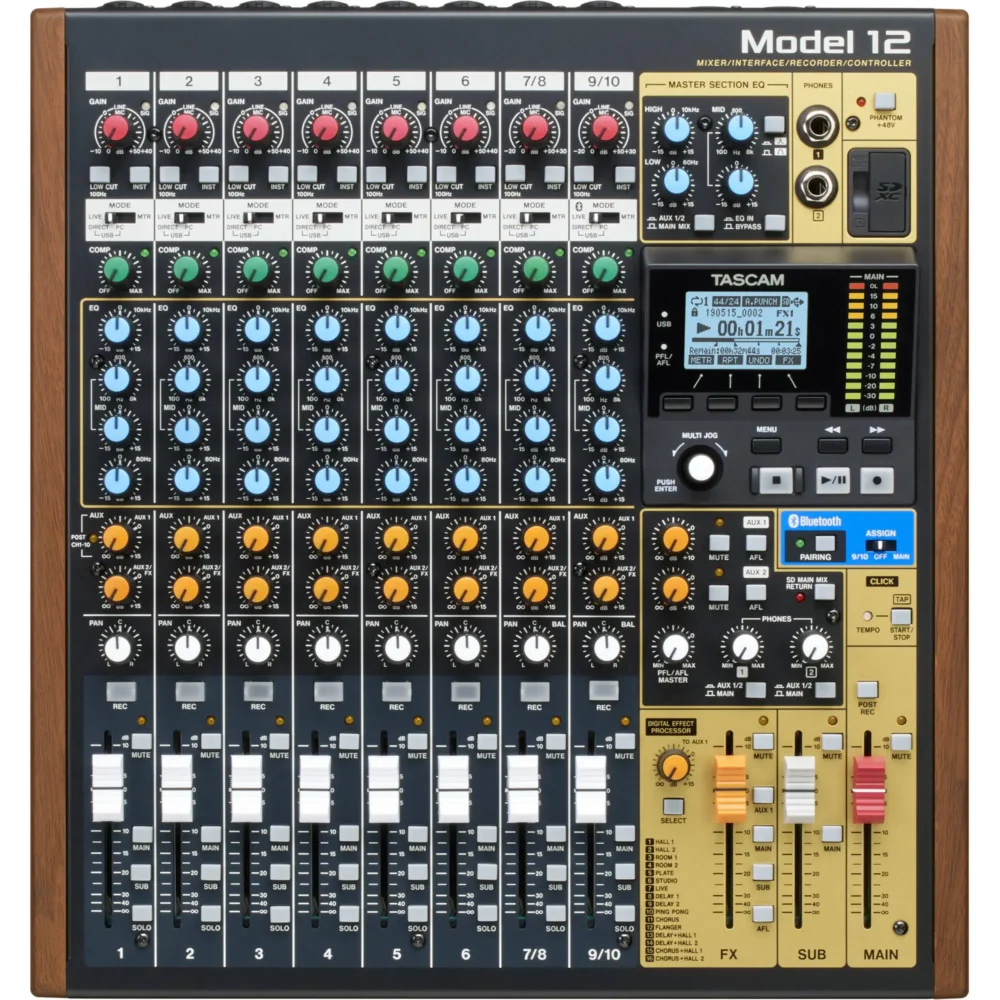 TASCAM Model 12, hibridni mikser, DAW kontroler, SD rekorder, USB interfejs, MIDI mikser, podcast mikseta, Tascam Model. Prodaja u Artist d.o.o. prodavnicama Banja Luka, Sarajevo.